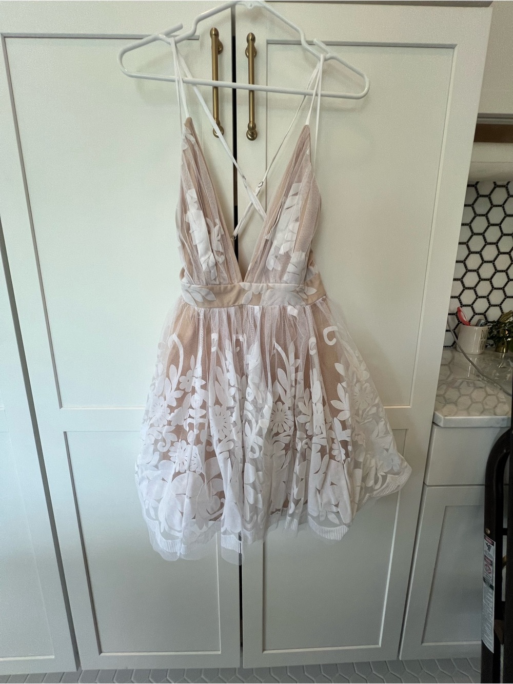 Nude Floral Appliqué Mini Dress with Plunge V-Neck